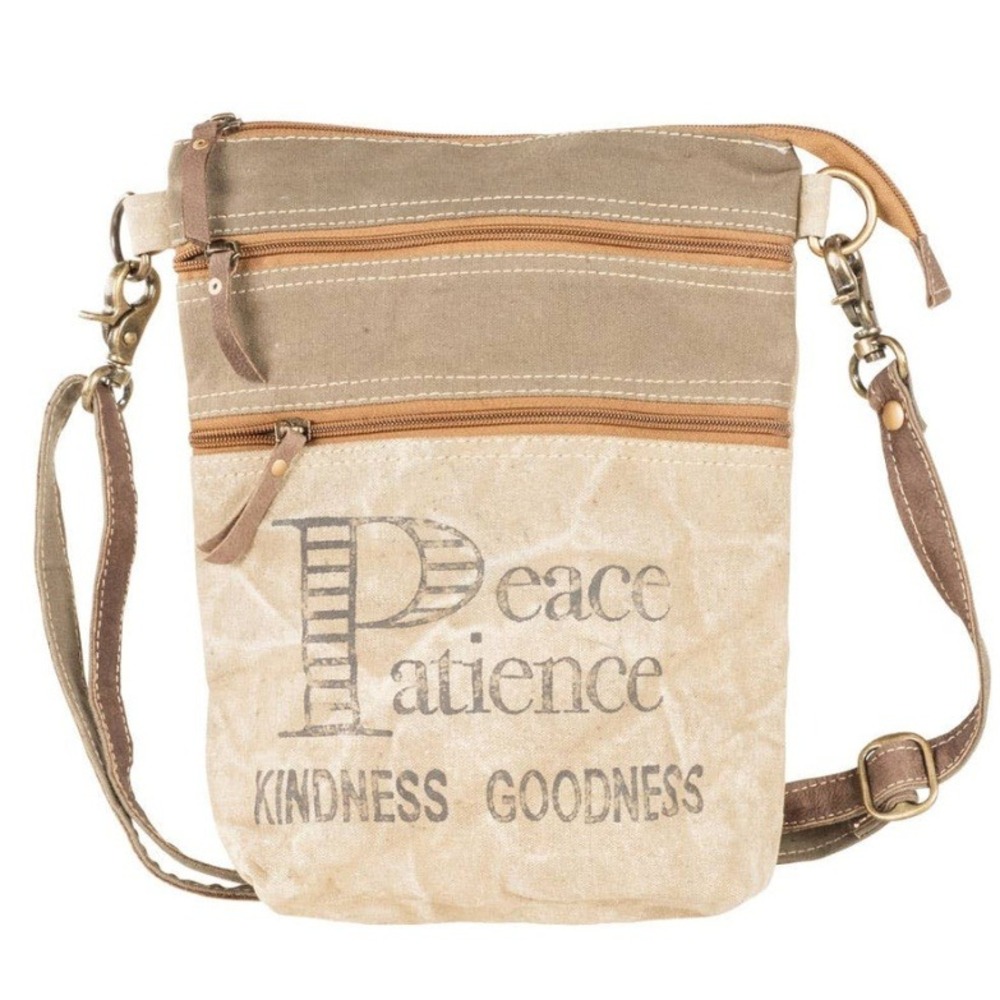 CLEA RAY Double Zipper Canvas Crossbody Bag Peace Patience Kindness Goodness NWT